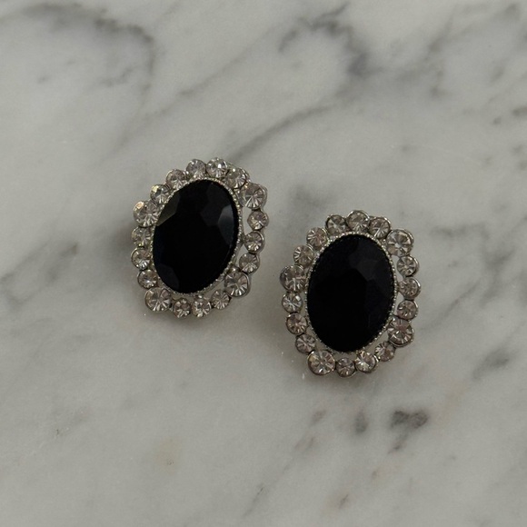 Vintage Style Black Faceted Stone & Clear Rhinestone Crystal Earrings Statement - Picture 7 of 7